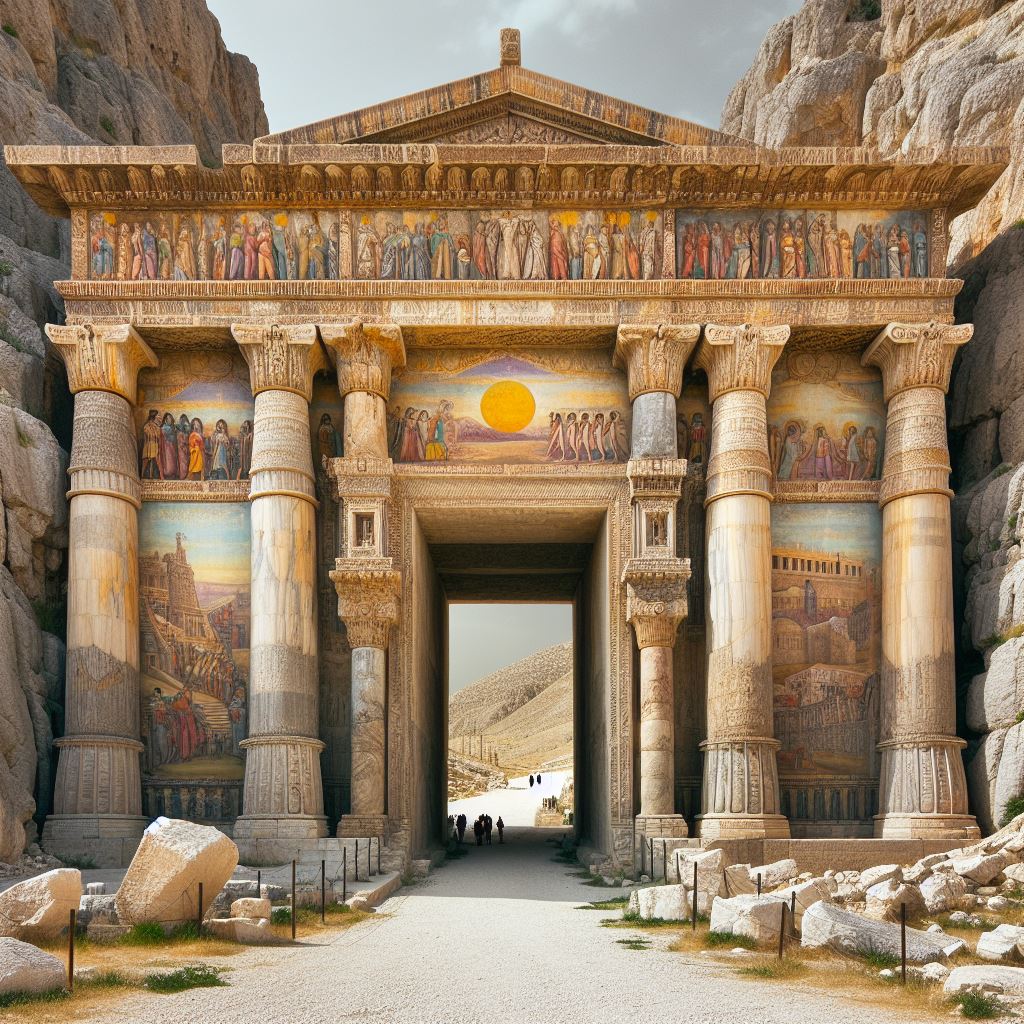 entrance to the ancient city of hattusha, a marvelous gate made of limestone, decorated with pillars of marble and endowed with colorful murals